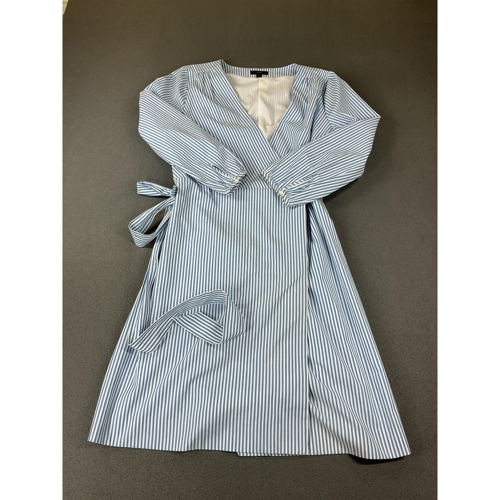 J.Crew Wrap Dress Womens 14 Blue Stripe Long Sleeve V-Neck Belt Knee Wrap Preppy